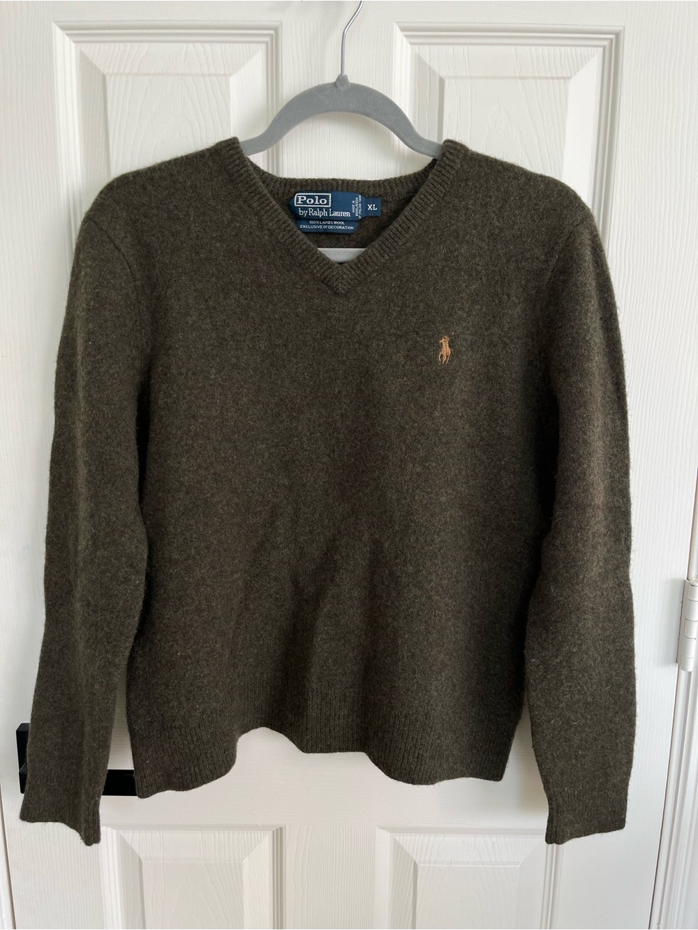 Ralph Lauren V-Neck Lambs Wool Sweater in Olive Green
